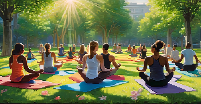 A group of diverse athletes practicing mindfulness in a green park, surrounded by flowers and sunlight.