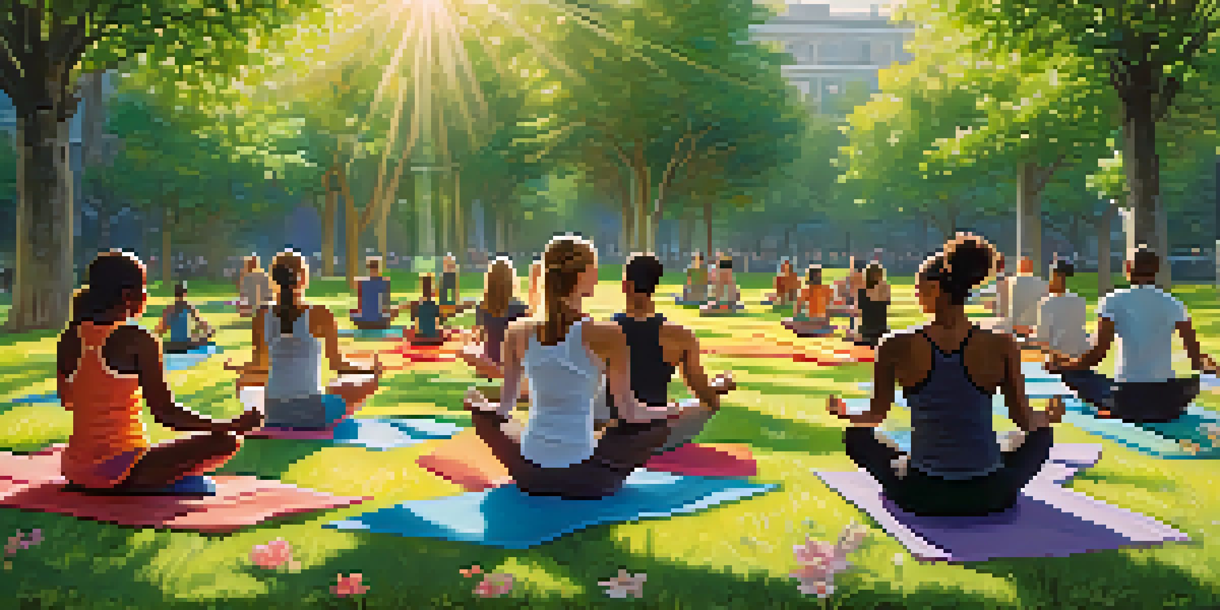 A group of diverse athletes practicing mindfulness in a green park, surrounded by flowers and sunlight.