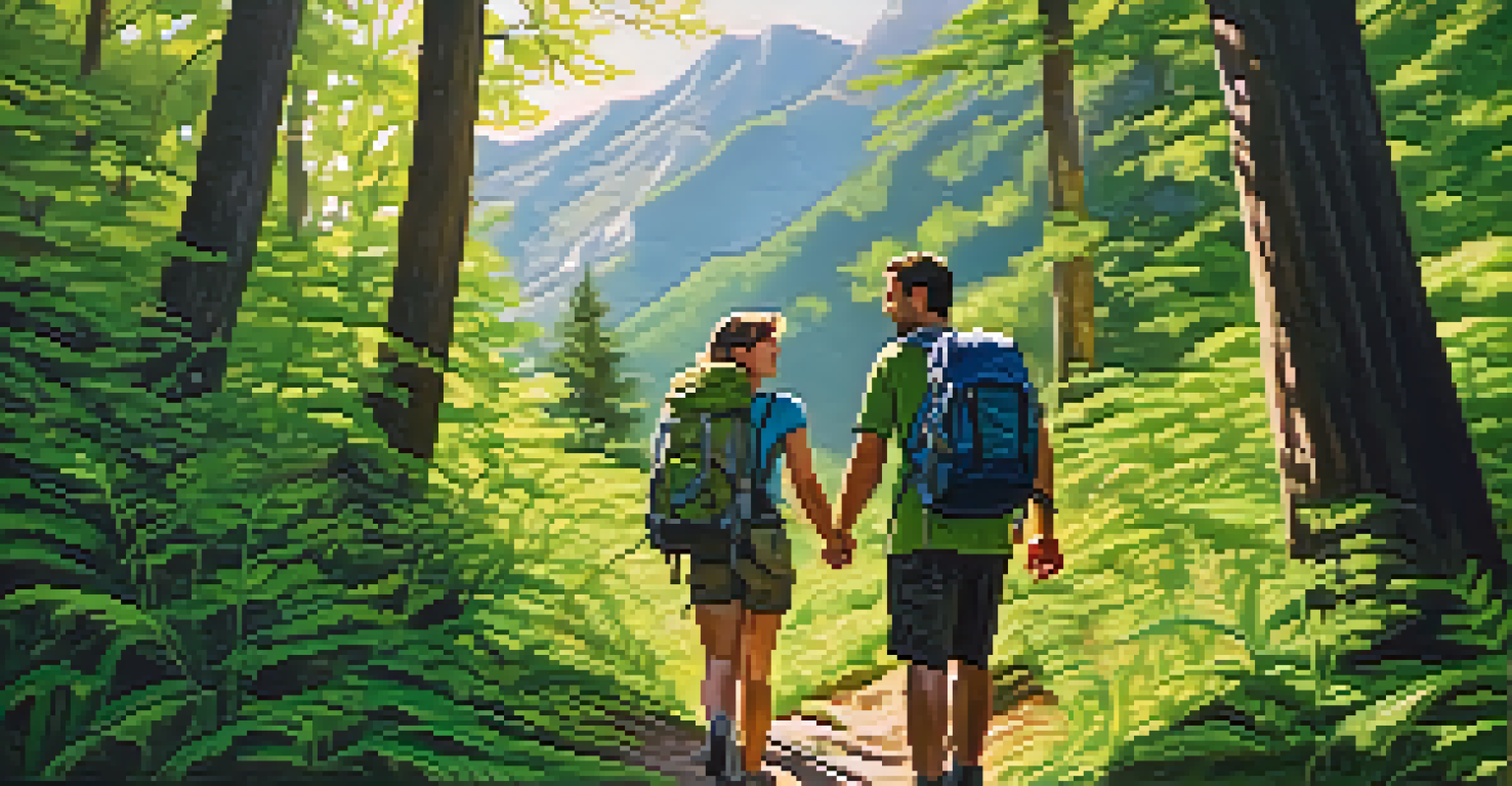A couple hiking together in a green forest, holding hands and enjoying the natural scenery.