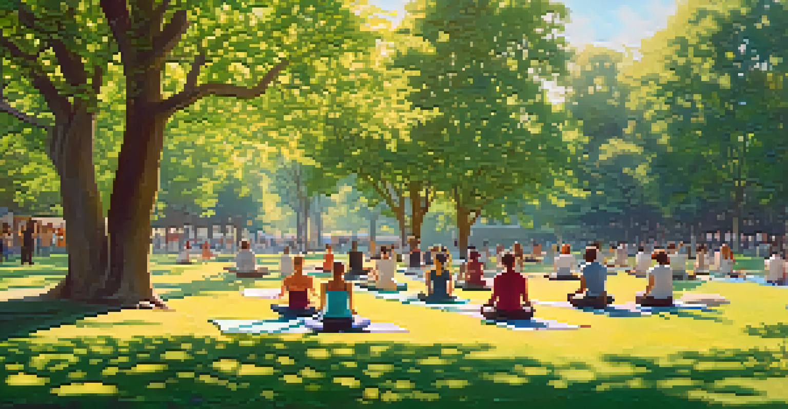 A tranquil park scene with people practicing yoga surrounded by nature in the morning light.