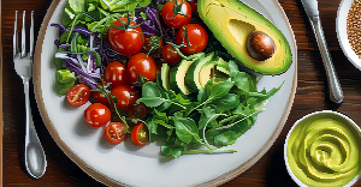 A close-up of a healthy salad on a wooden table, with flaxseeds and soy products beside it, under soft natural light.