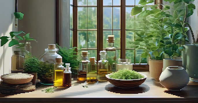 A cozy naturopathy clinic with wooden furniture, plants, and herbal remedies on a table, illuminated by warm sunlight.