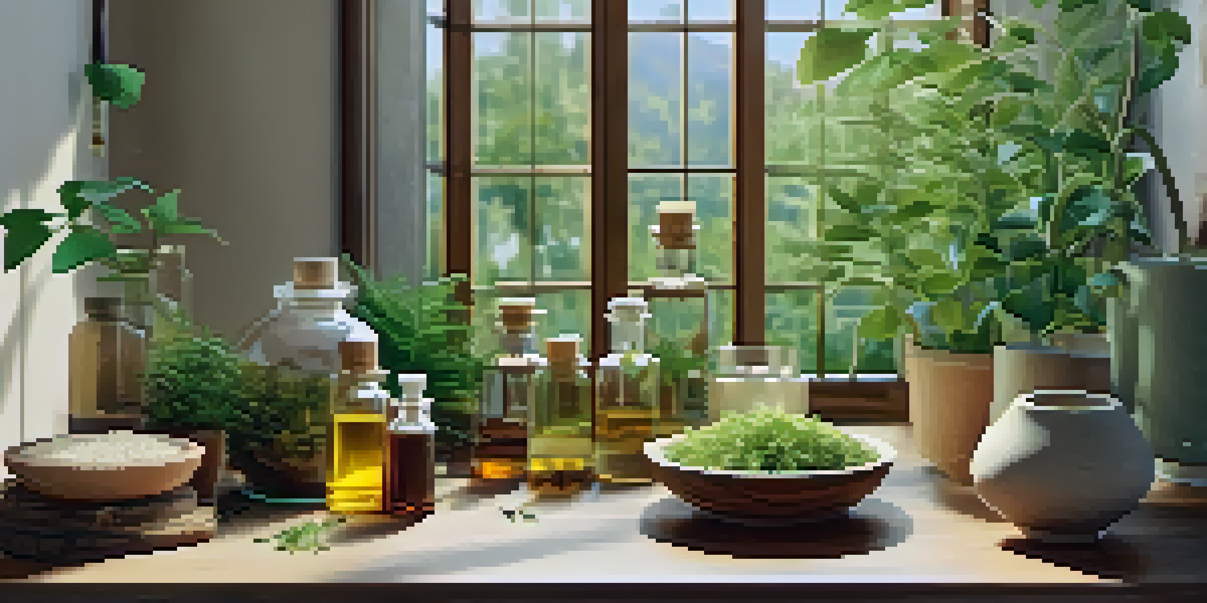 A cozy naturopathy clinic with wooden furniture, plants, and herbal remedies on a table, illuminated by warm sunlight.