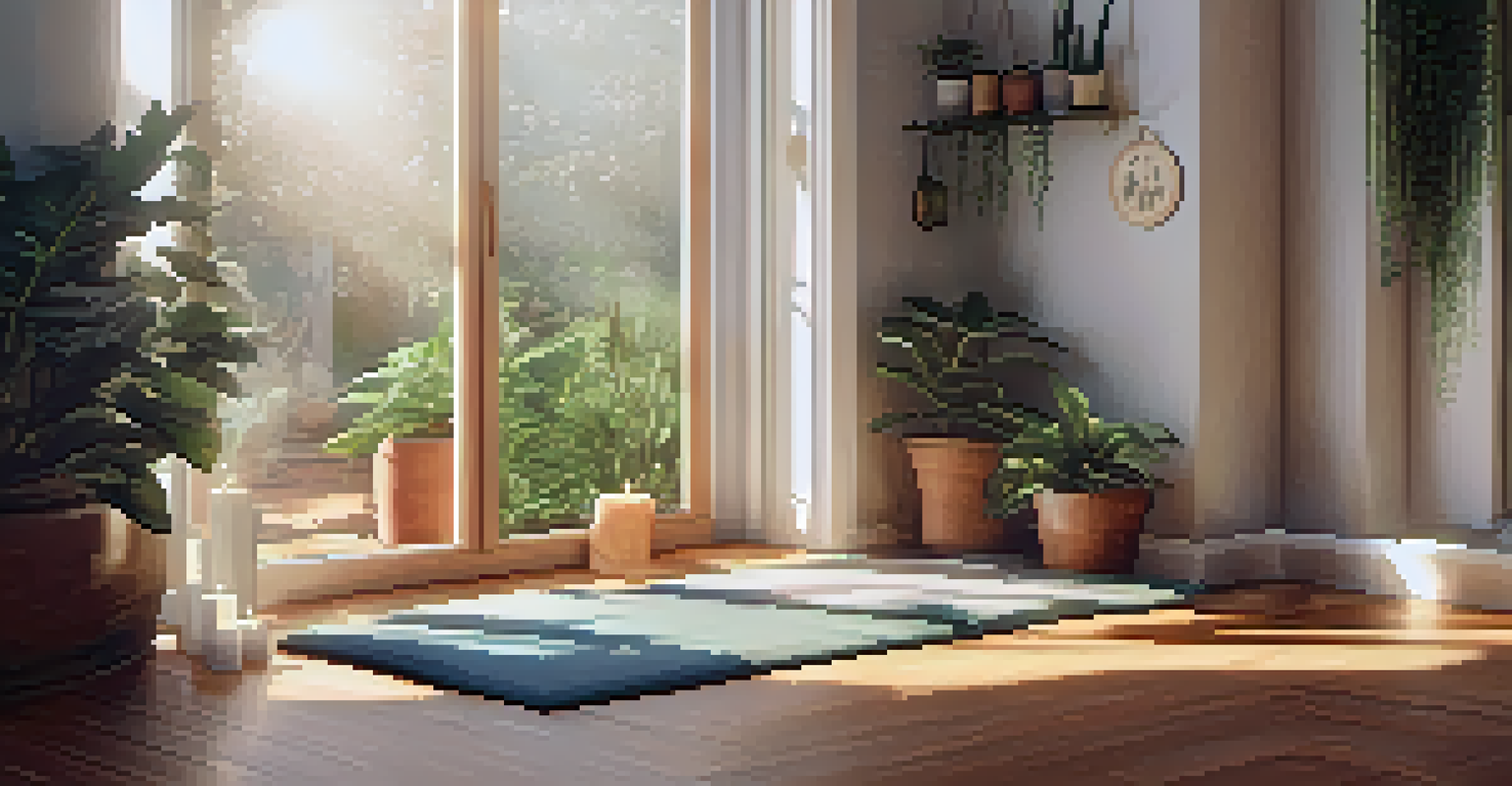 A tranquil meditation area with cushions and plants, illuminated by sunlight streaming through a window.