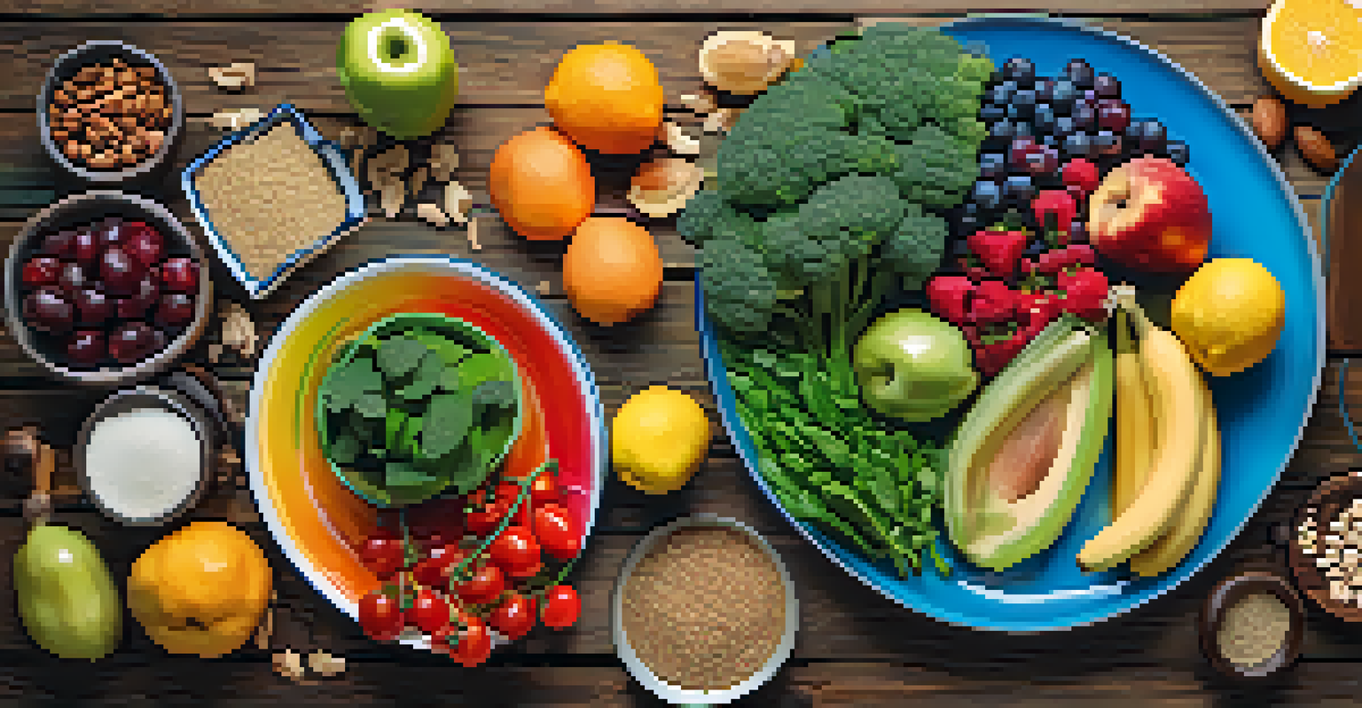 A close-up view of a plate filled with colorful fruits, vegetables, nuts, and whole grains on a rustic wooden background.