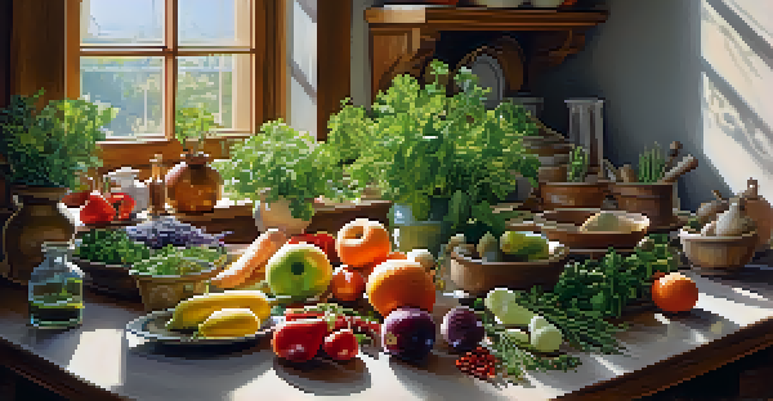 A cozy kitchen filled with fresh herbs and organic fruits on a wooden table.