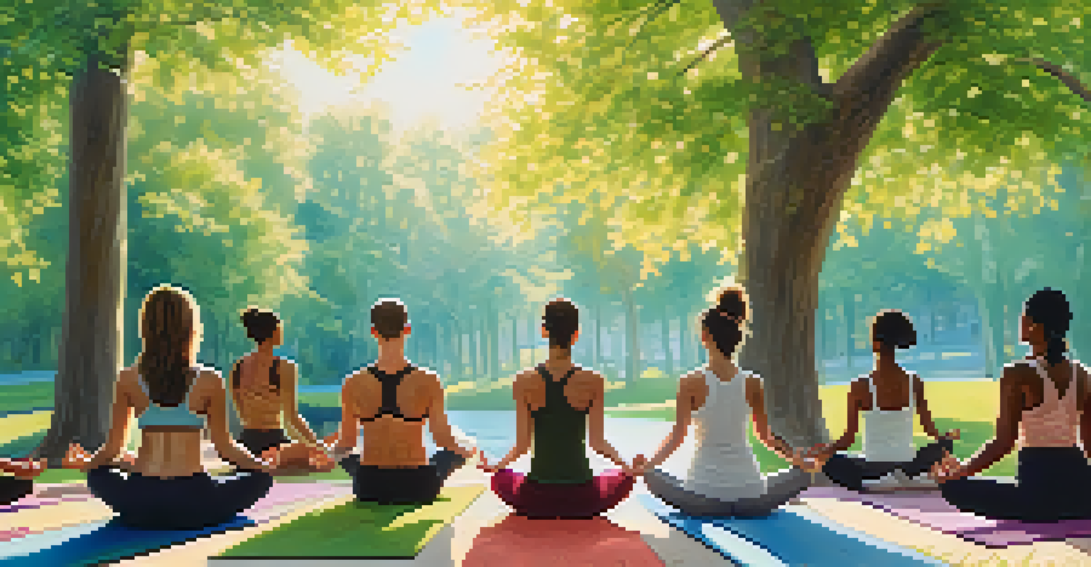 A group of diverse individuals practicing yoga outdoors in a sunny park, promoting relaxation and respiratory health.