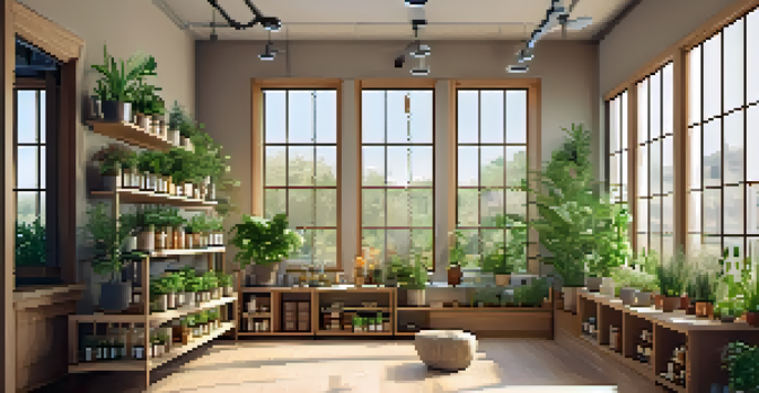 Interior of a tranquil naturopathic clinic with natural light, plants, and herbal remedies.