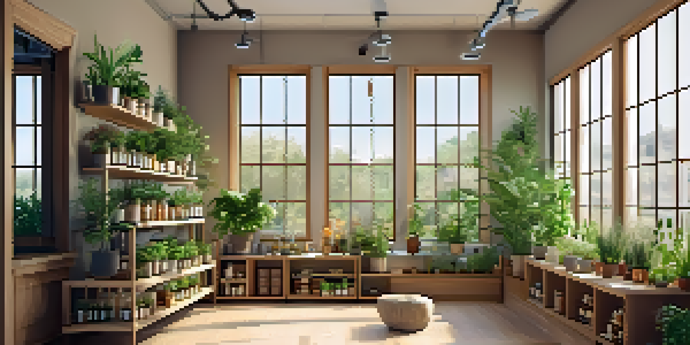 Interior of a tranquil naturopathic clinic with natural light, plants, and herbal remedies.