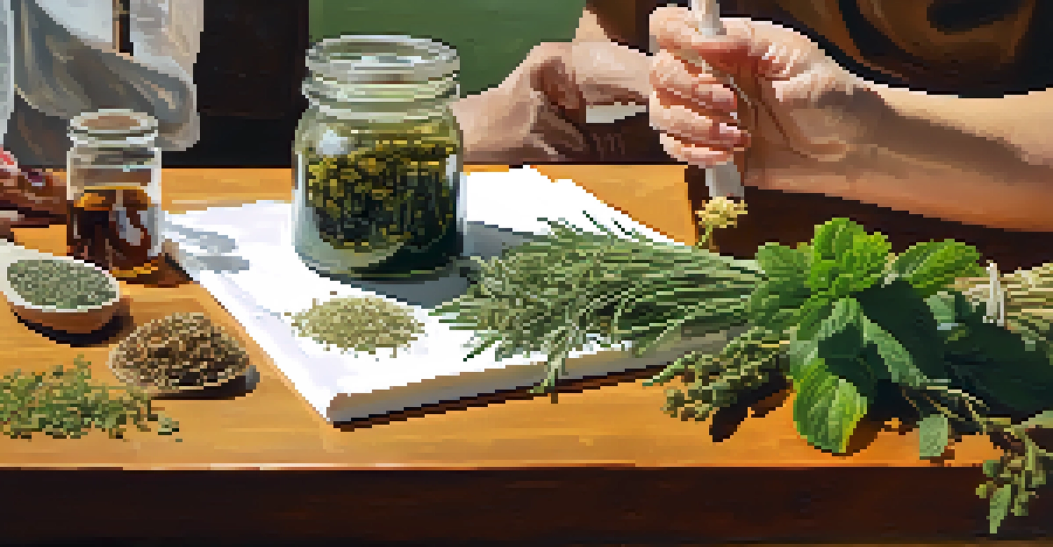 A naturopath discussing herbal remedies with a patient, with herbs displayed on the table.