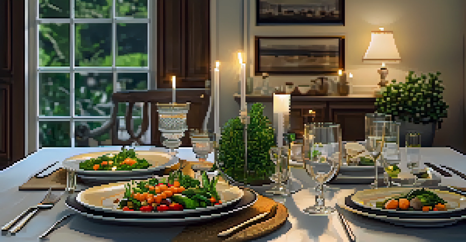 A dining table elegantly set with a healthy meal composed of whole grains and colorful vegetables, enhanced by warm candlelight.