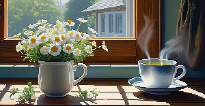 A cozy kitchen with a wooden table, a cup of chamomile tea, fresh chamomile flowers, and sunlight filtering through a window.