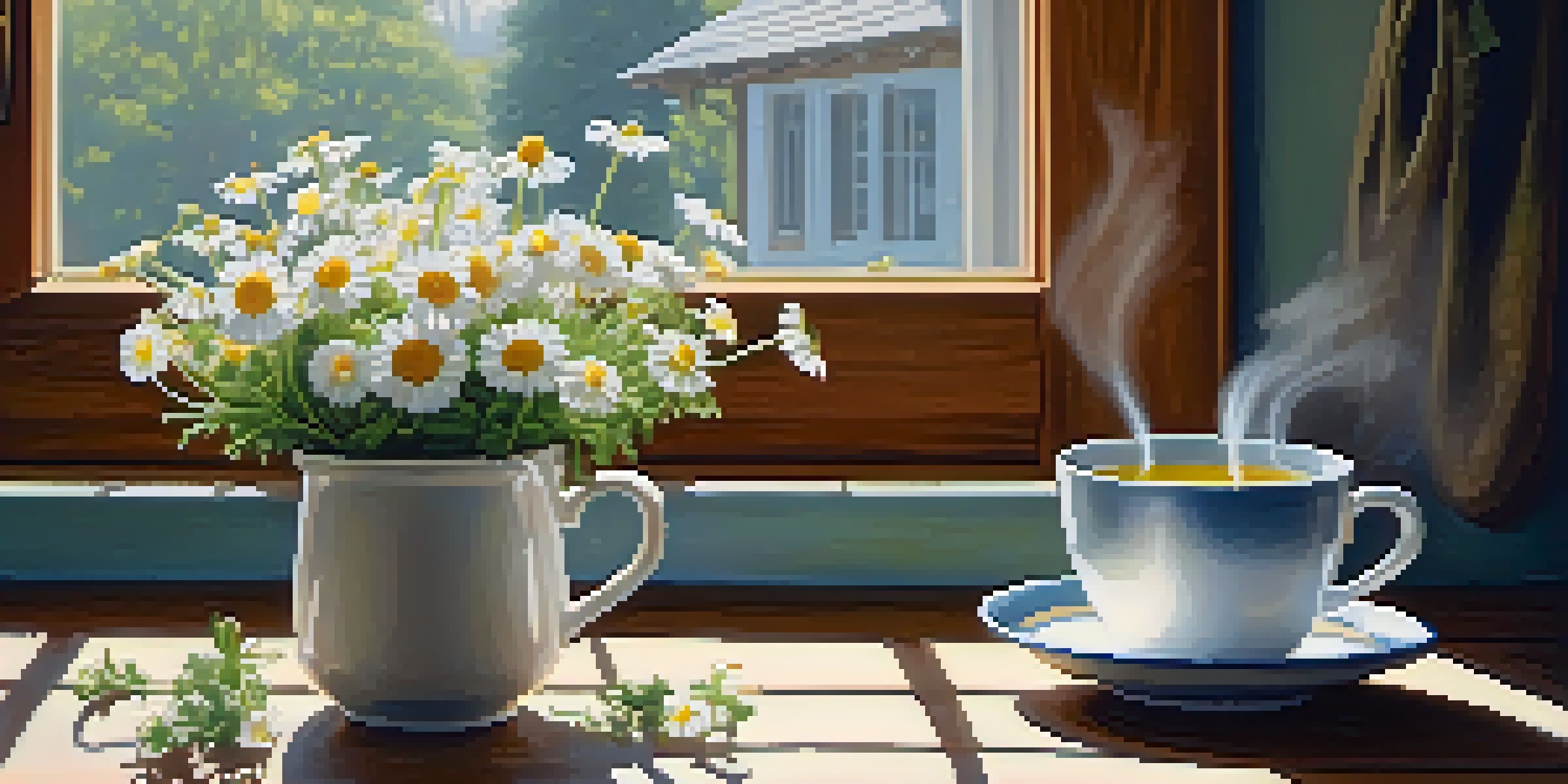 A cozy kitchen with a wooden table, a cup of chamomile tea, fresh chamomile flowers, and sunlight filtering through a window.