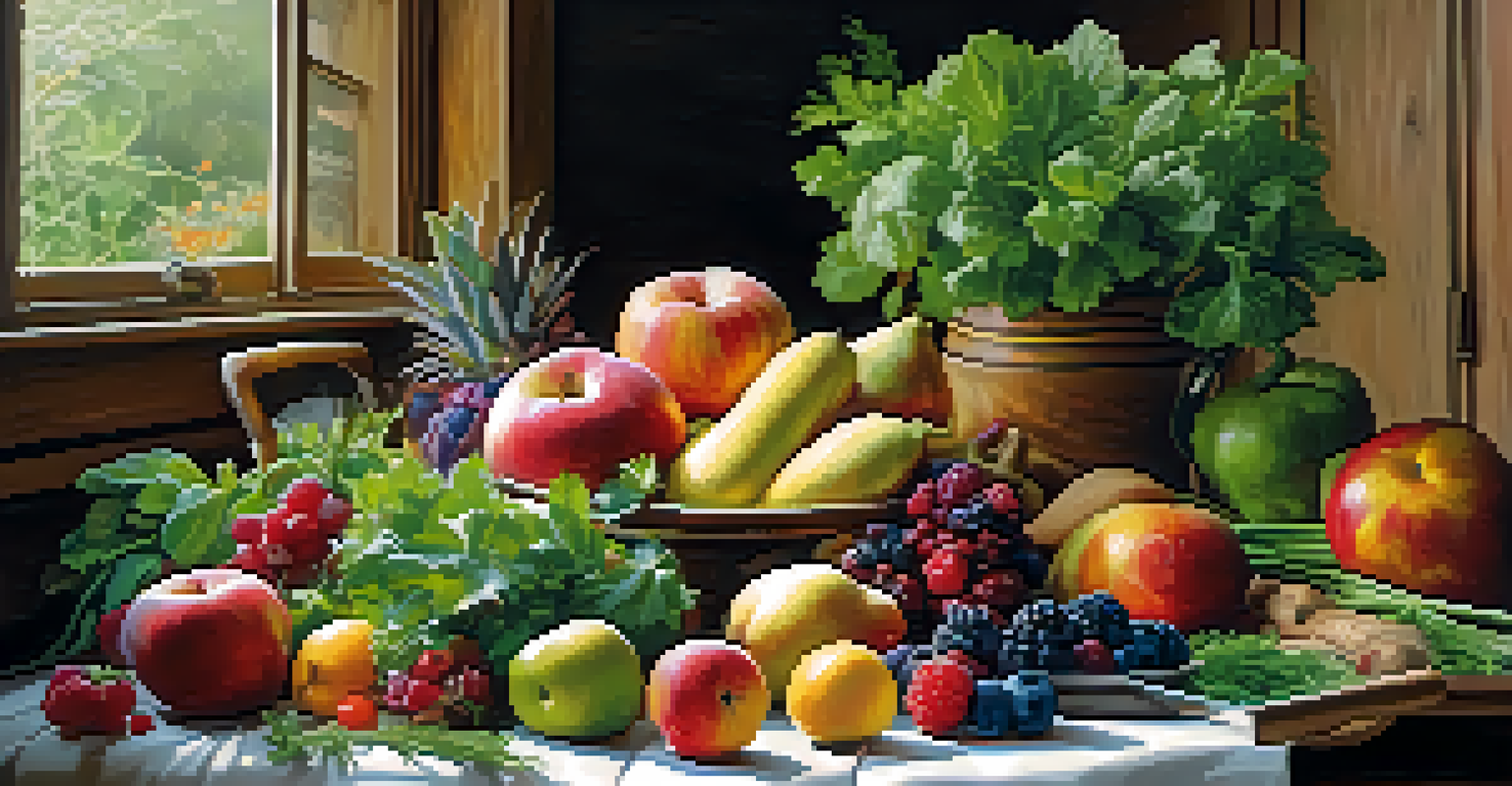 A kitchen table overflowing with fresh fruits and vegetables in a colorful display, illuminated by soft natural light.
