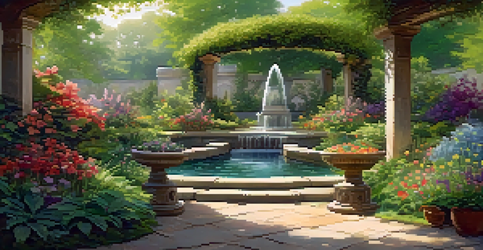 A tranquil healing garden with herbs, plants, and a fountain, illuminated by dappled sunlight.