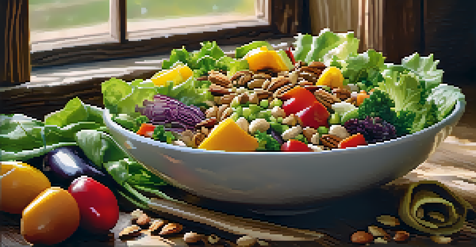 A close-up view of a colorful salad bowl filled with fresh vegetables, nuts, and seeds, set on a rustic wooden table.