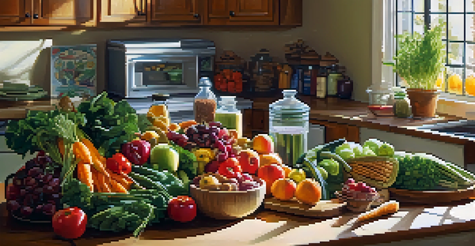 A bright kitchen table filled with fresh vegetables, fruits, and grains, illuminated by soft natural light.