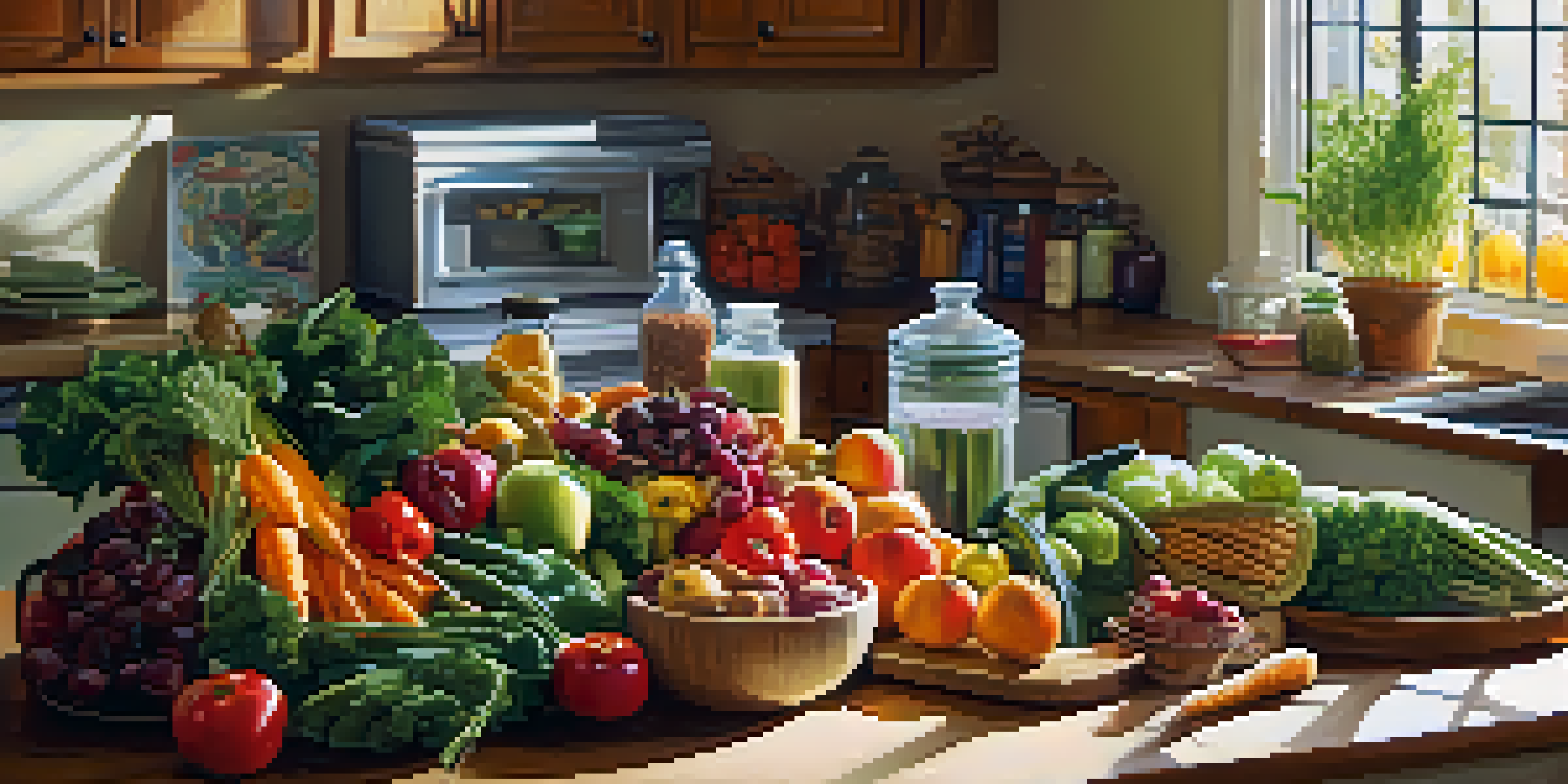 A bright kitchen table filled with fresh vegetables, fruits, and grains, illuminated by soft natural light.