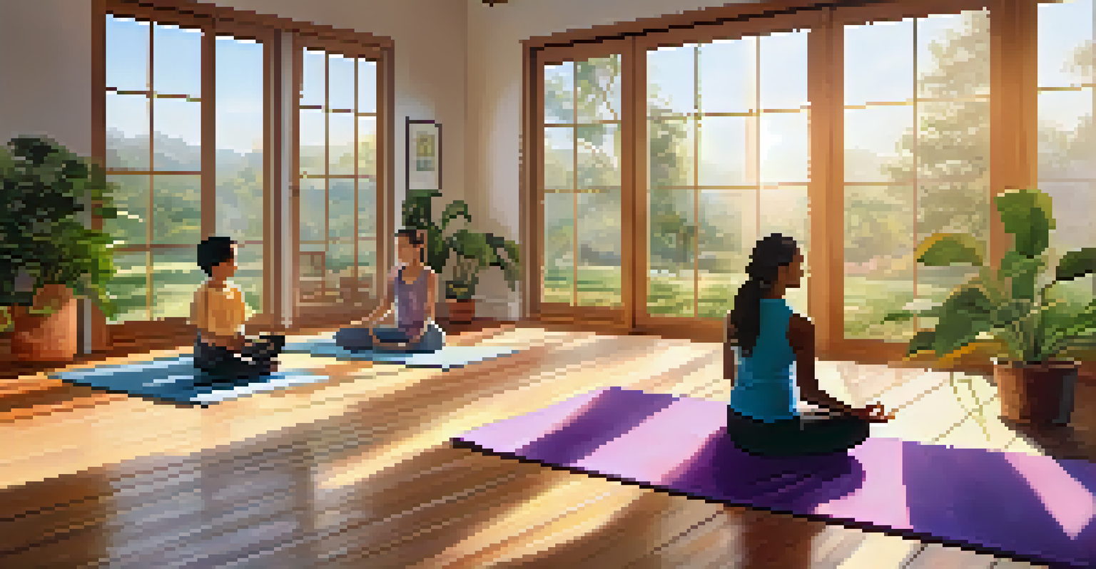 A family engaged in a yoga session together in a peaceful living room, surrounded by plants and natural light.