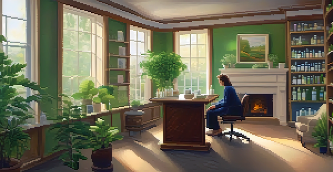 A homeopathy consultation in a cozy room with a homeopath and a relaxed patient, surrounded by shelves of remedy bottles and natural light.