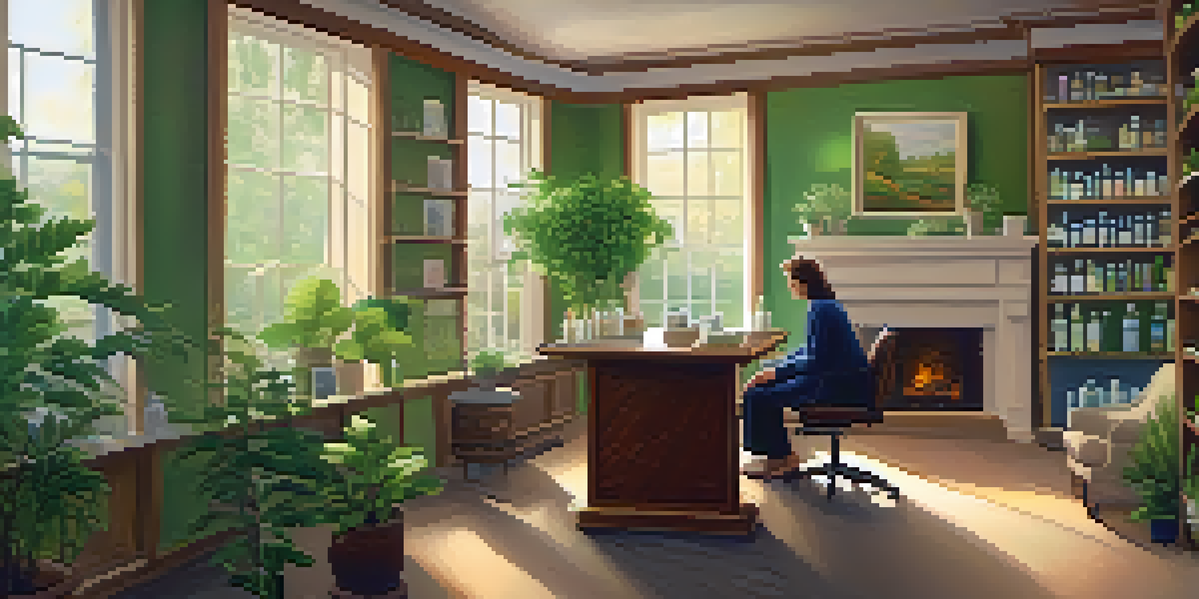 A homeopathy consultation in a cozy room with a homeopath and a relaxed patient, surrounded by shelves of remedy bottles and natural light.