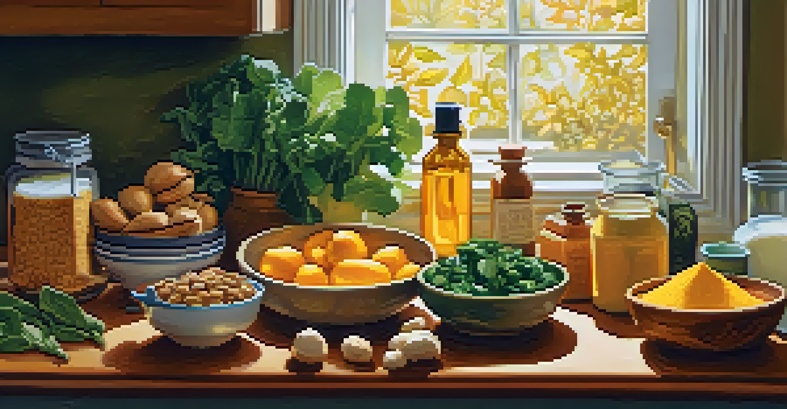 A kitchen countertop displaying an array of anti-inflammatory foods like turmeric, ginger, and leafy greens, illuminated by warm sunlight.