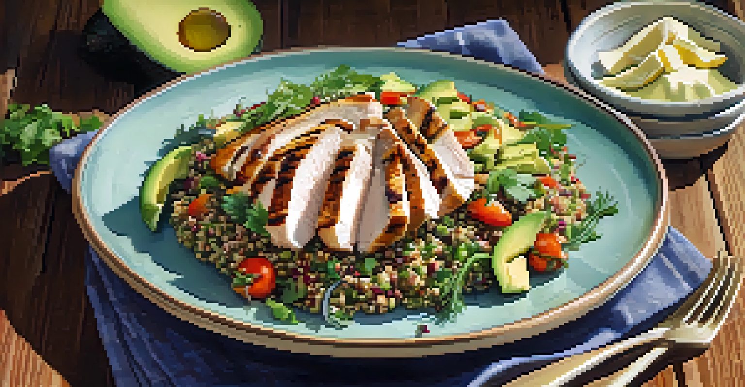 A plate of quinoa salad, avocado, and grilled chicken on a wooden table, with fresh herbs.