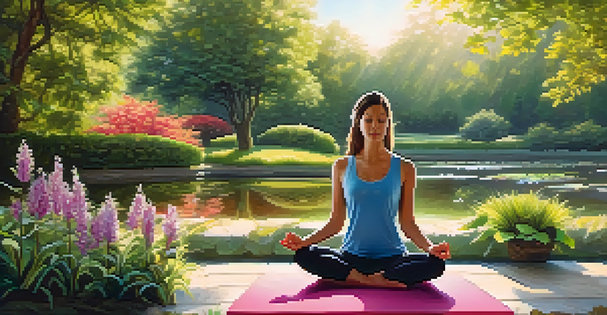 A peaceful garden with flowers, a pond, and sunlight, featuring a person meditating on a yoga mat.