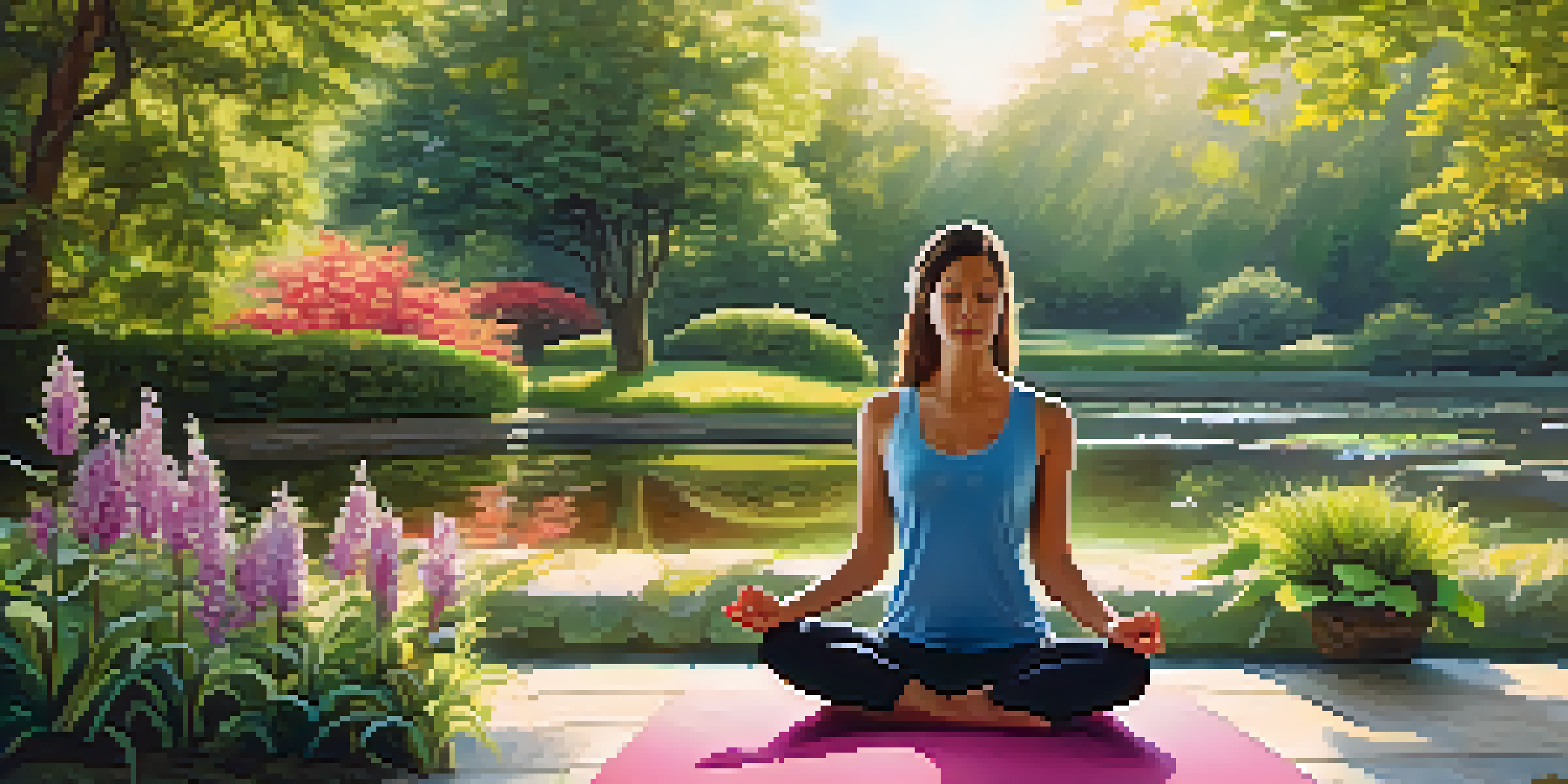A peaceful garden with flowers, a pond, and sunlight, featuring a person meditating on a yoga mat.