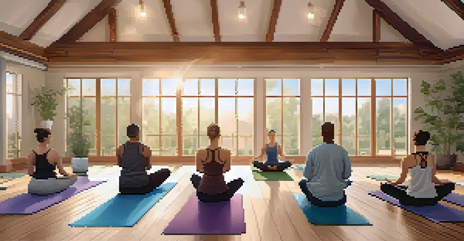 A tranquil yoga studio with individuals practicing yoga together, emphasizing mindfulness and stress relief.