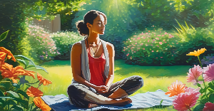 A person seated cross-legged in a colorful garden, practicing mindfulness with a peaceful expression.