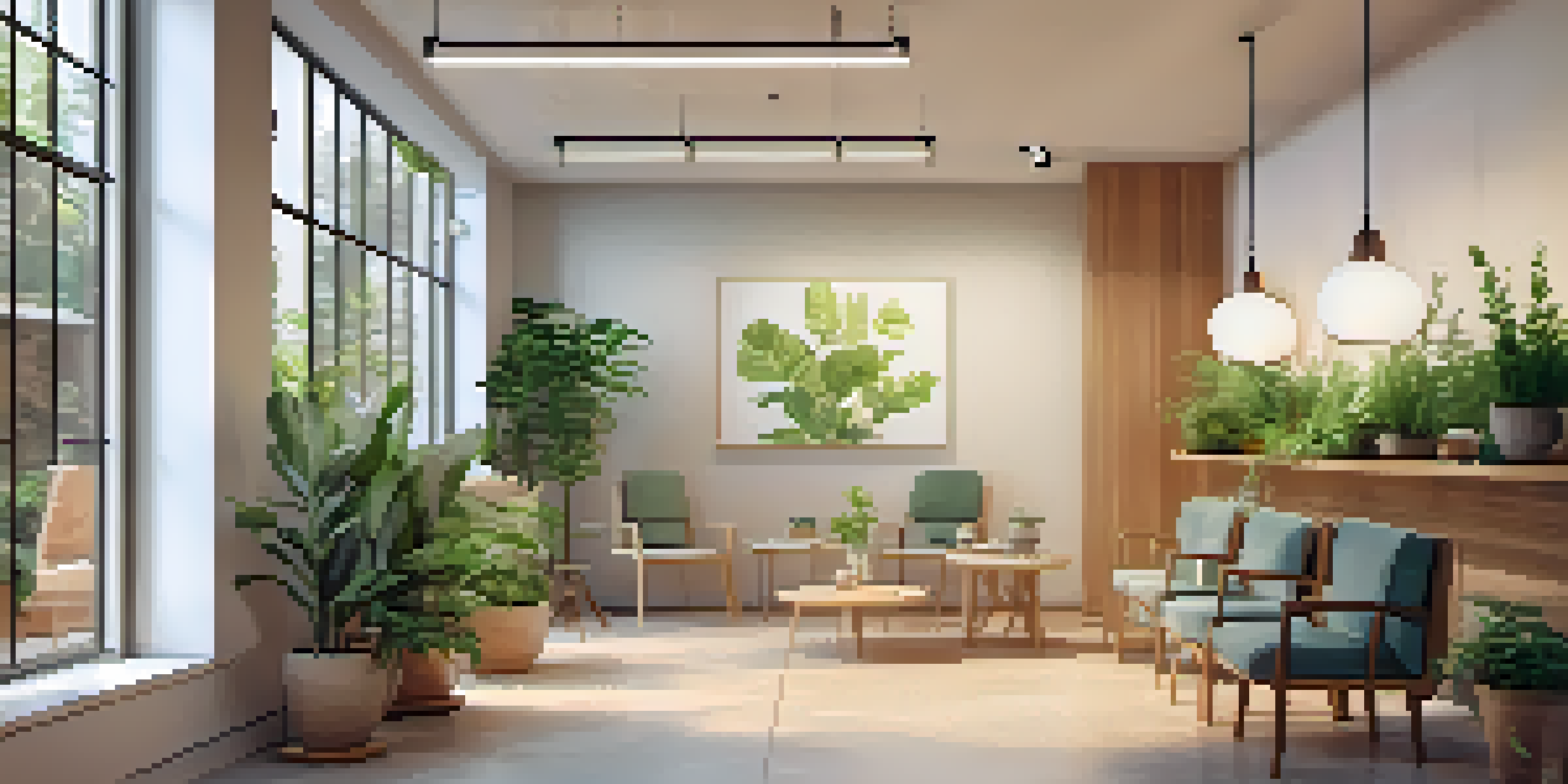 A friendly naturopathic practitioner talking with a patient in a cozy clinic filled with plants and soft lighting.
