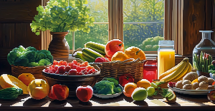 A variety of heart-healthy foods displayed on a wooden table, including fruits, vegetables, and grains, illuminated by sunlight.