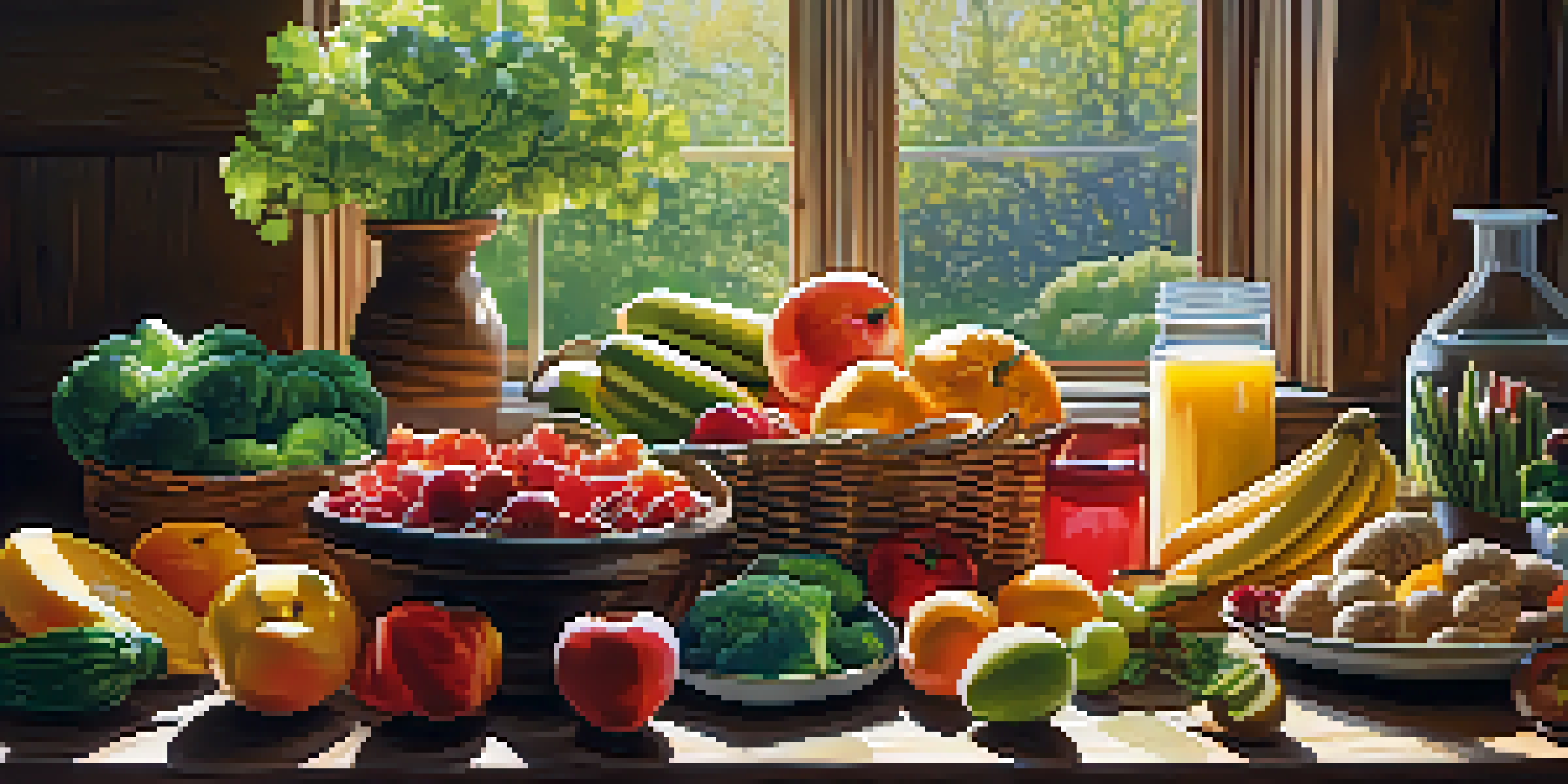 A variety of heart-healthy foods displayed on a wooden table, including fruits, vegetables, and grains, illuminated by sunlight.