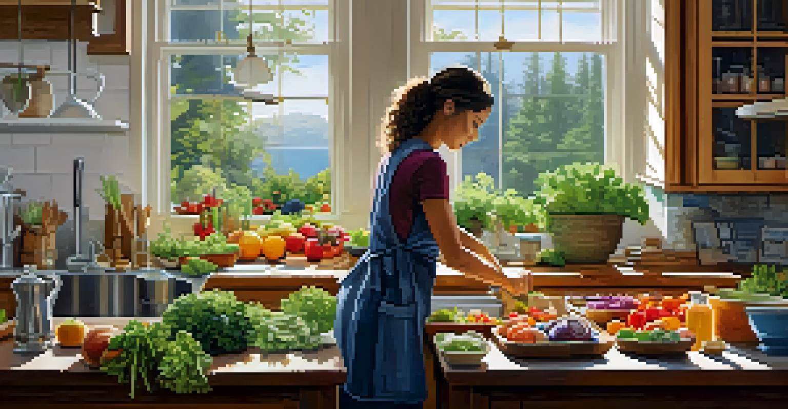 A person preparing a healthy meal in a bright kitchen filled with fresh vegetables and fruits, showcasing a vibrant and inviting atmosphere.