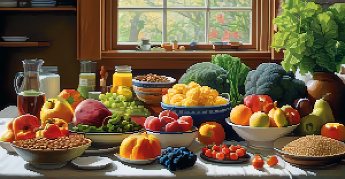 A colorful array of nutrient-dense foods on a wooden table in a warm kitchen, illuminated by soft natural light.