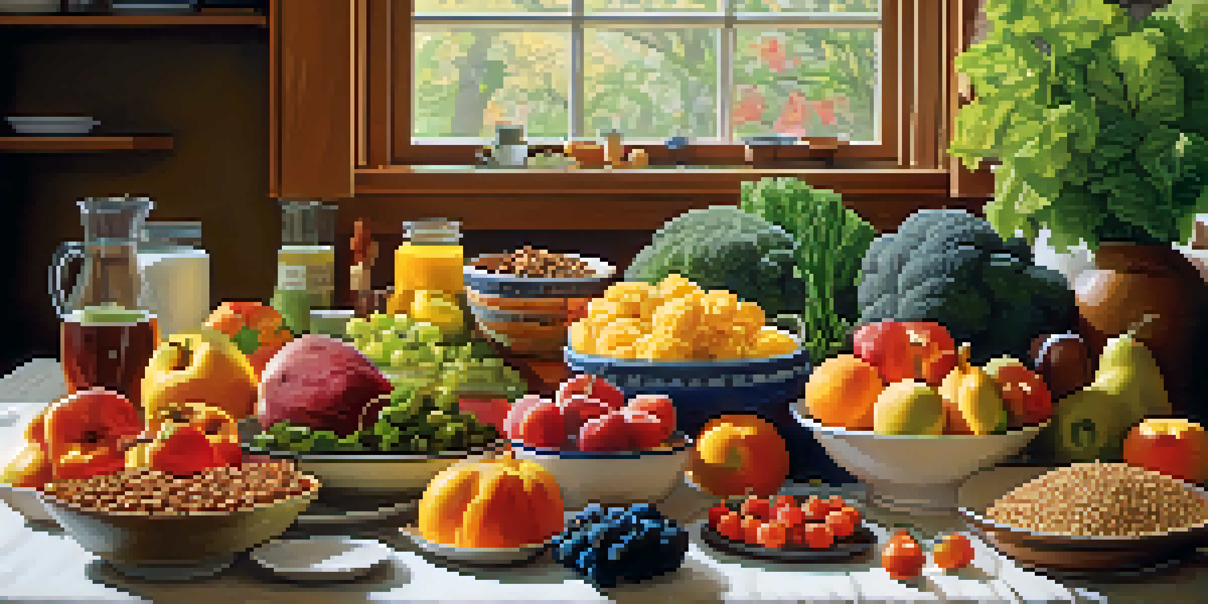 A colorful array of nutrient-dense foods on a wooden table in a warm kitchen, illuminated by soft natural light.