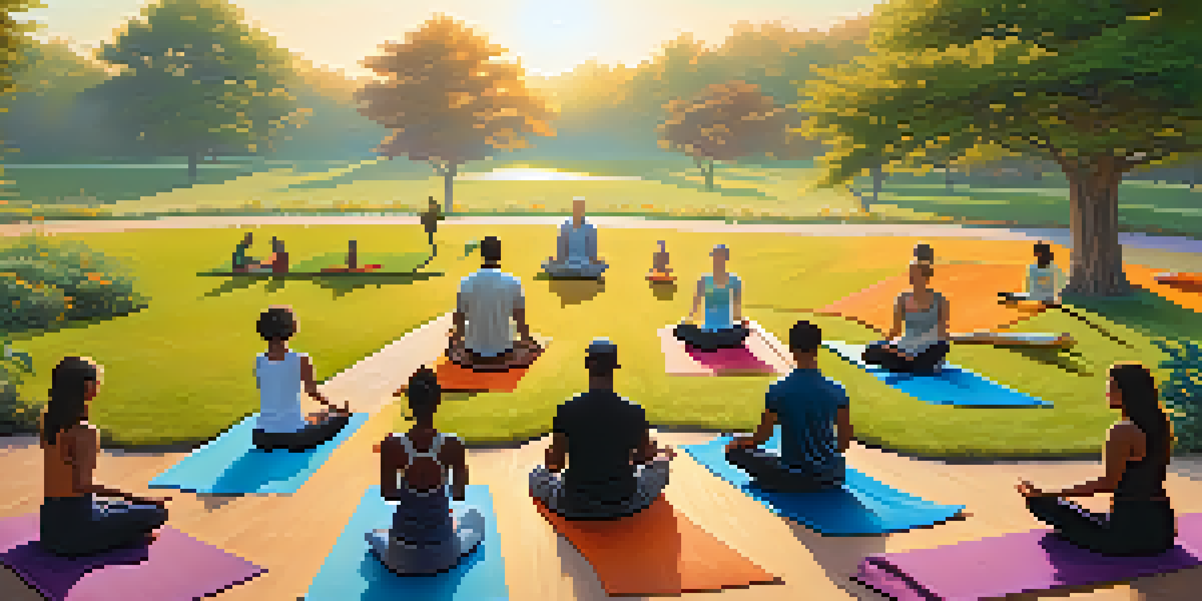A diverse group of people practicing yoga on colorful mats in a serene park at sunrise, with lush greenery and a clear sky.