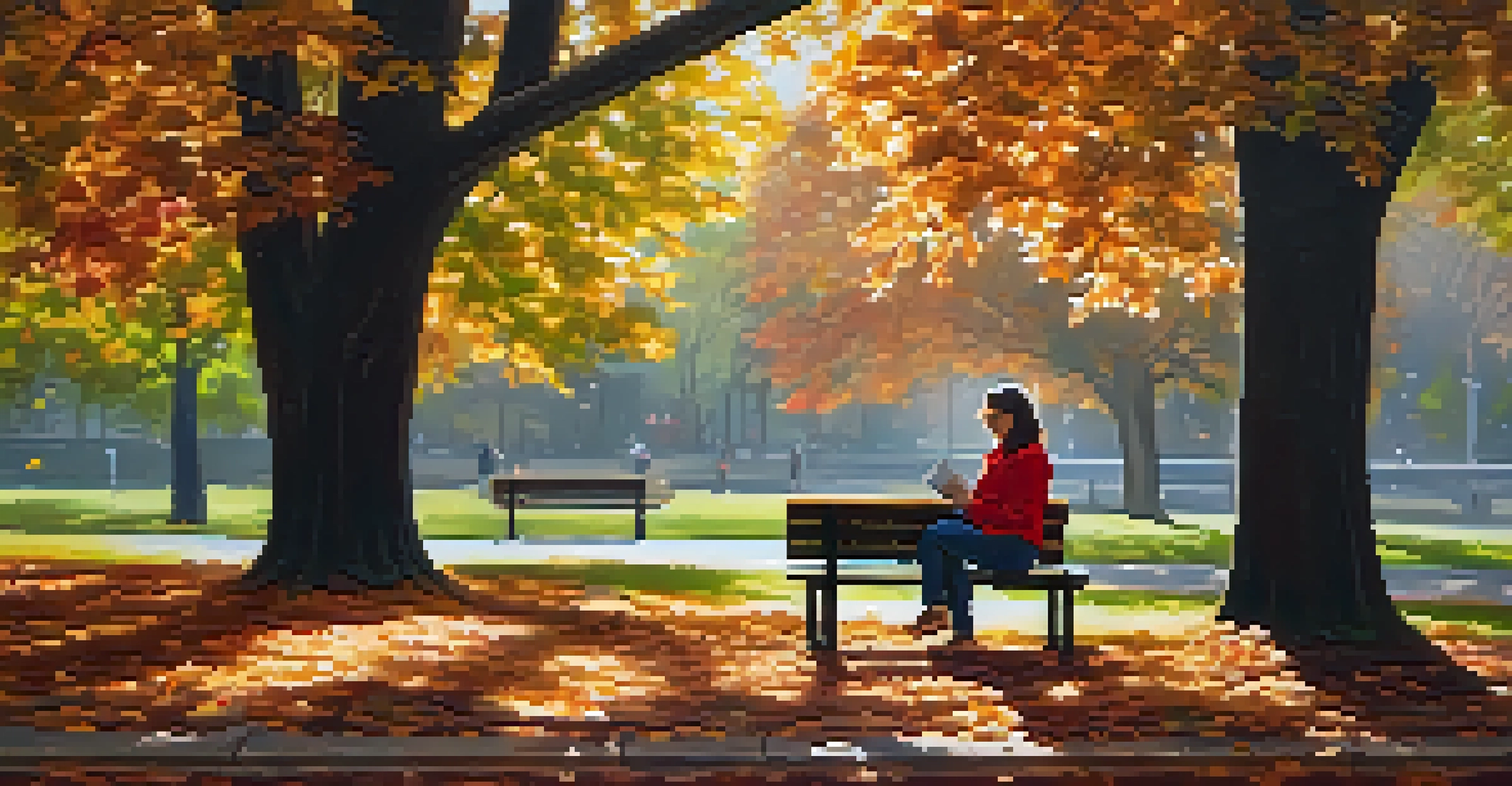 A woman peacefully journaling on a bench in a park surrounded by colorful autumn leaves and soft sunlight.