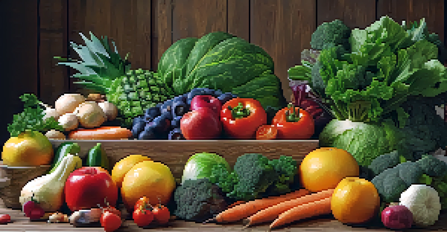 A colorful display of fresh organic fruits and vegetables on a wooden table, with a cookbook open in the background.