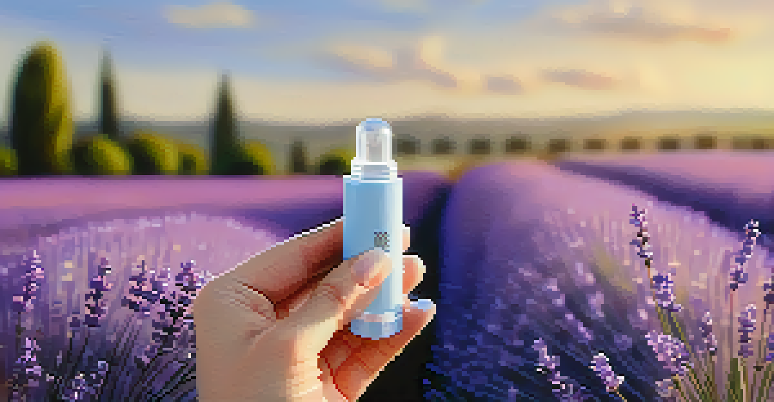 A close-up of a hand holding an inhaler with essential oils against a blurred background of lavender fields.