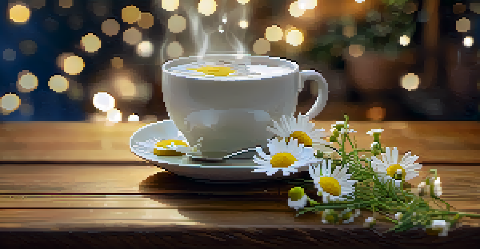 A steaming cup of chamomile tea surrounded by fresh chamomile flowers, set in a warm and tranquil atmosphere.