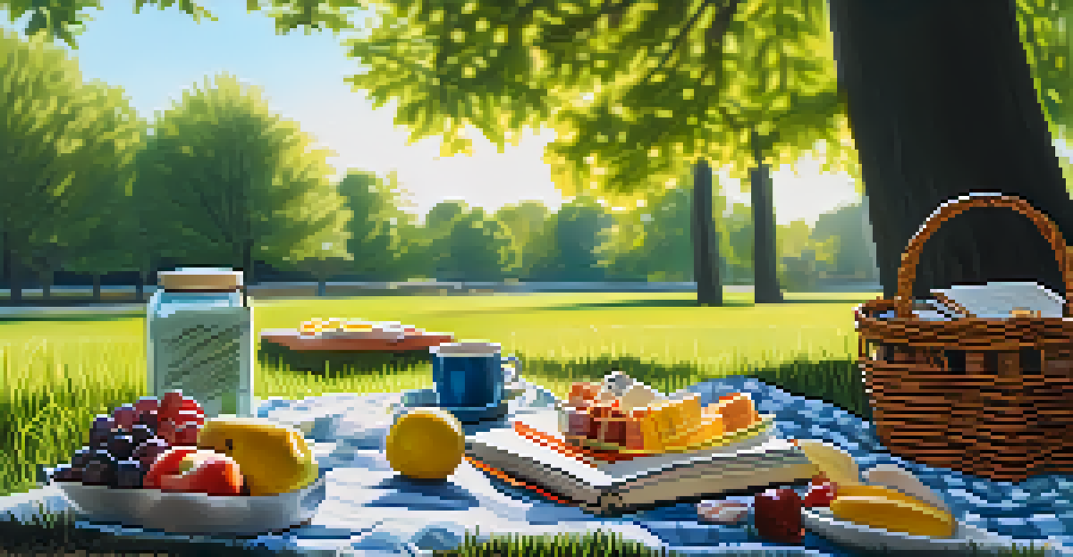 An outdoor journaling scene with a picnic blanket, a journal, colored pencils, and snacks, set in a tranquil park under dappled sunlight.