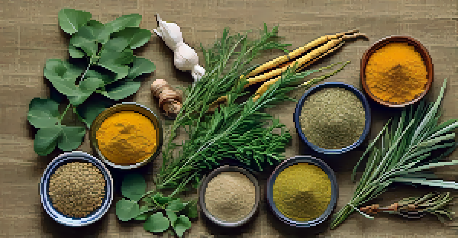 A visually appealing arrangement of turmeric, ginger, ginkgo biloba leaves, and rosemary on a burlap background, with sunlight creating soft shadows.