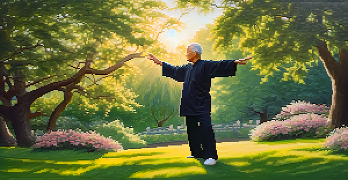 An older adult practicing Tai Chi in a peaceful park during sunset, surrounded by flowers and trees.