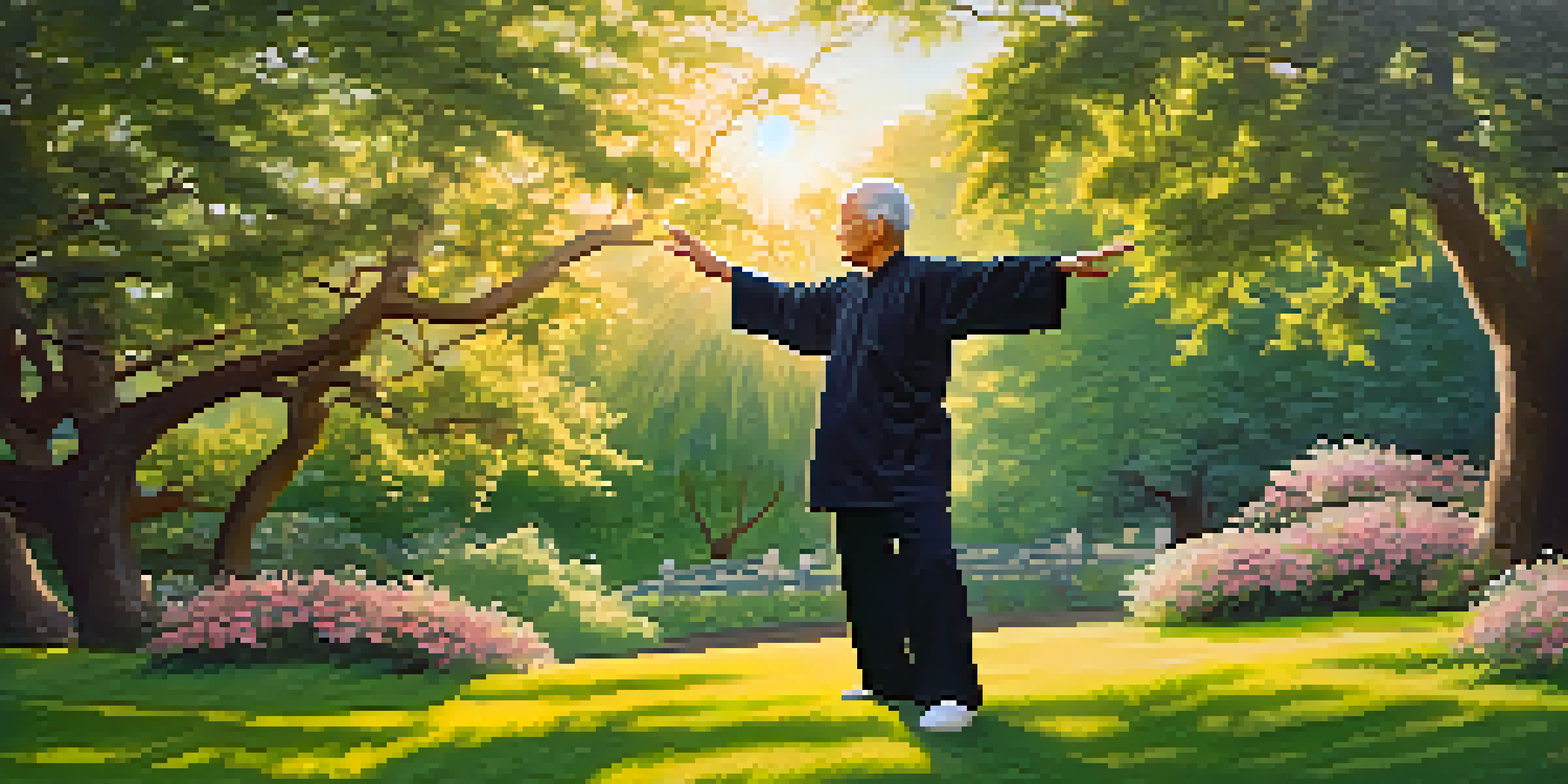 An older adult practicing Tai Chi in a peaceful park during sunset, surrounded by flowers and trees.