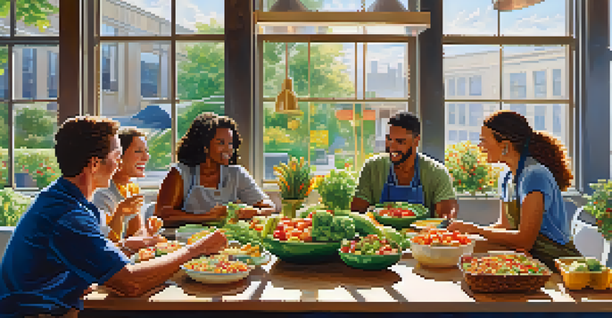 A diverse group of employees enjoying a healthy lunch with colorful foods in a well-lit office setting.
