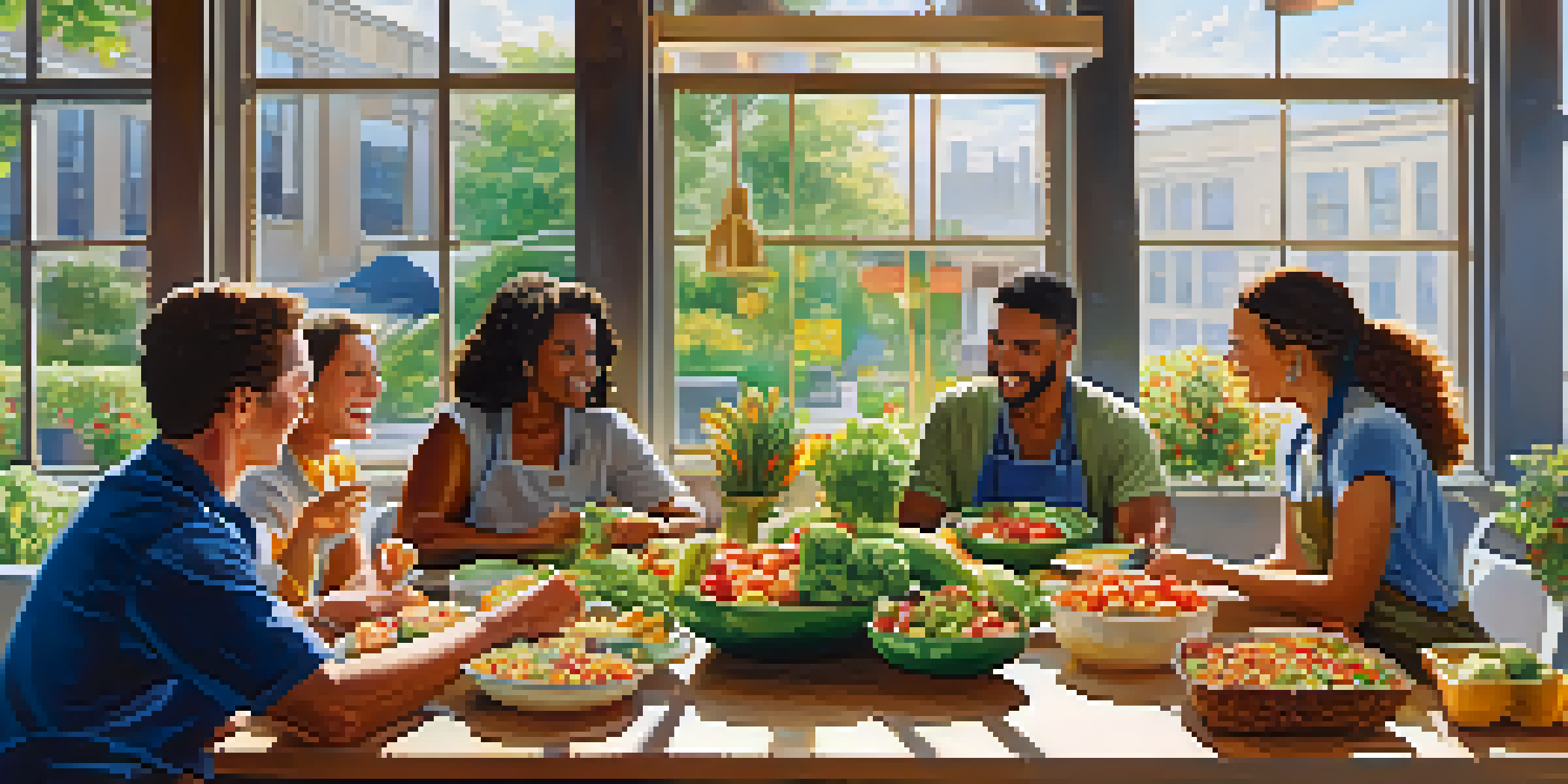 A diverse group of employees enjoying a healthy lunch with colorful foods in a well-lit office setting.