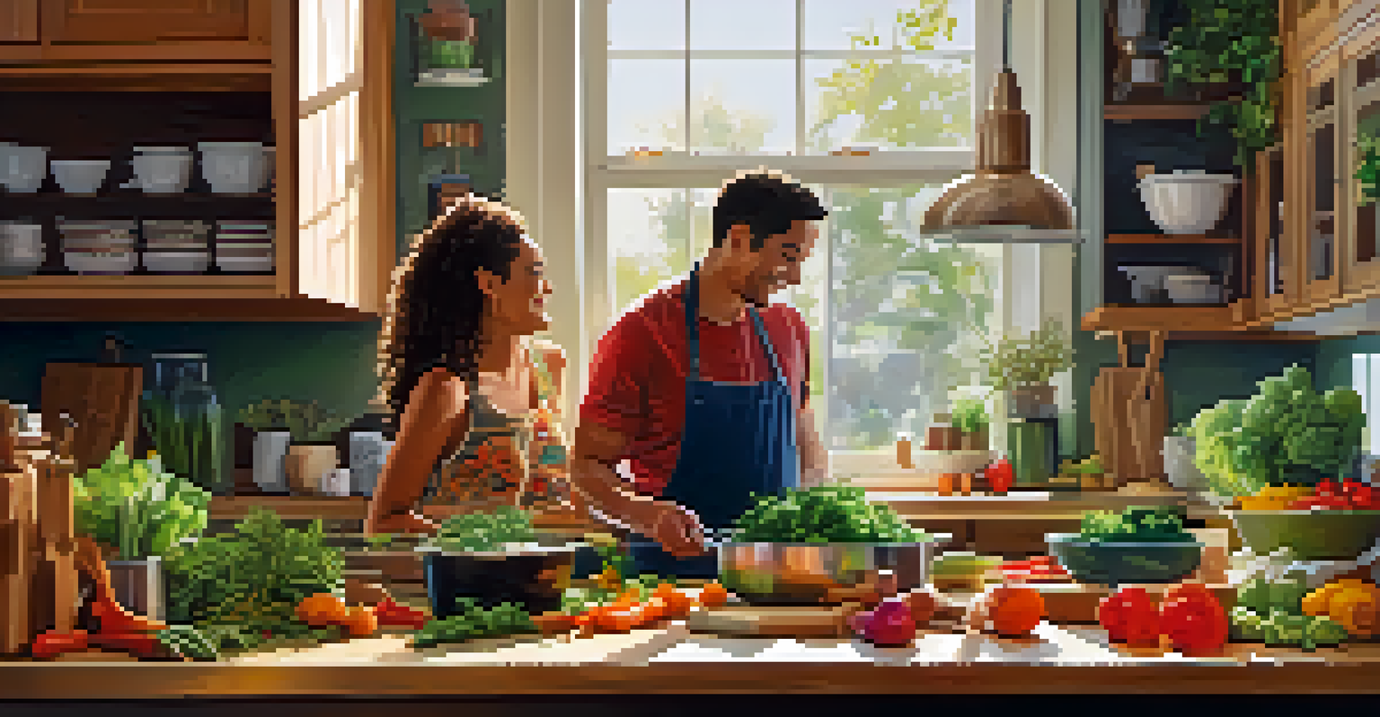 A couple cooking together in a bright kitchen, surrounded by fresh vegetables and herbs, sharing a joyful moment.