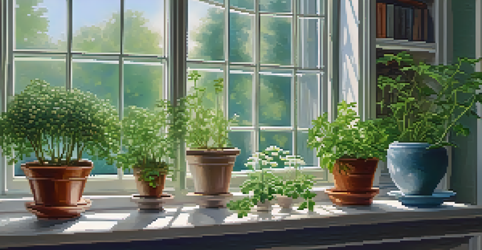 An indoor herb garden with chamomile and ashwagandha plants, illuminated by soft natural light, creating a tranquil setting.